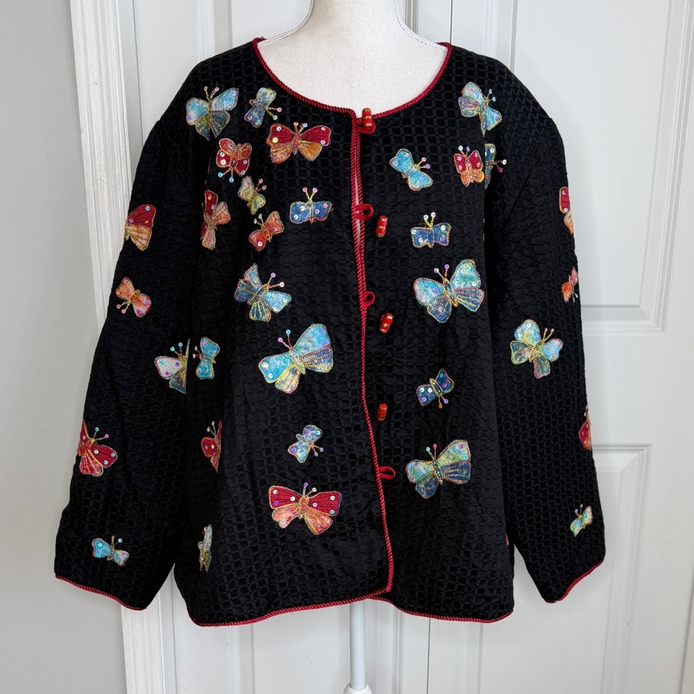 Indigo Moon Vintage 90s Black Red Butterfly Applique Jacket 3X Buttons Sequins